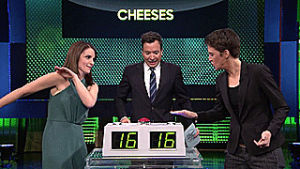 jimmy fallon,tina fey,awesome,rachel maddow,the tonight show with jimmy fallon,know it all,jimmy face when tina challenged rachel,category types of cheeses