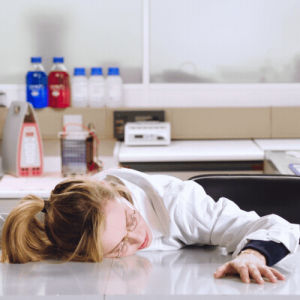 tired,asleep,lab,scientist,wake up,hello,exhausted,jump,mad,laboratory,morning