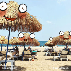 beach,chris timmons,umbrellas,hot,sun,wingit,wingityeah,bookingcom,bookingyeah