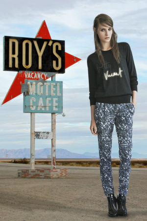 fashion,fashgif,light,sign,desert,womenswear,lighting,womens fashion,sweater,yyyy,jumper,signage,neon sign,resort 2014,markus lupfer,no vacancy,sequin print pants,pretty vacant,electric sign,printed pants
