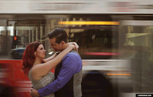 couple,look,bus,detroit,red hair,engagement,blur