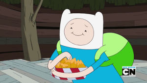 smiling,love,television,smile,food,cartoon,life,adorable,adventure time,eating,cartoon network,finn the human,chewing,nachos,i love food,nacho cheese,i love eating,describes me,finns backpack,finns hat