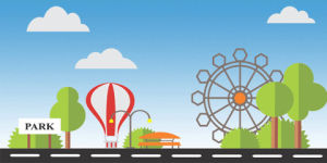 ballon,car,sky,tree,road,cloud,sign,wheel,bench,bandera