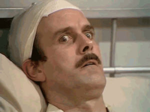 hospital,huh,fawlty towers,play,john cleese,concussion,basil,fawlty