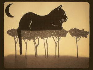 black cat,cat,moon,trees,tail,sepia,experimental animation,shadow puppets,weird cat,falenabalena,cat tail,overhead projector,falena balena,vintage cat,cloud pine