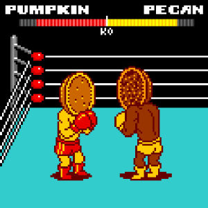 pixel art,nes,80s,thanksgiving,boxing,pixels,dessert,yummy,pie,rocky,creed,dennys,pi,pi day,turkey day,justin gammon,pumpkin pie,pecan pie,ring king,punch out