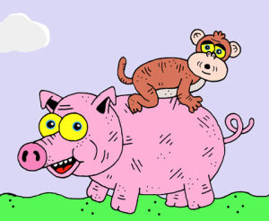 pig,pain,funny,illustration,cartoon,monkey,ouch,accident,piggy,baby monkey,sam taylor