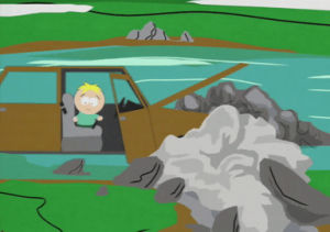 rock formations,butters stotch,grass,flowing river,getting out of wrecked car