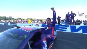 excited,win,nascar,winning,pumped,denny hamlin,monster energy nascar cup series,brit robertson,fist in air