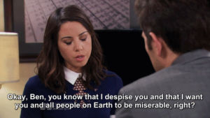 i hate you,despise,parks and recreation,aubrey plaza,april ludgate,april,7x11,two funerals