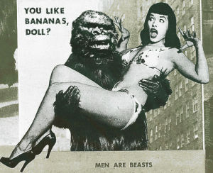 bettie page,gorilla,vintage,ape,pin up,monster,1950s,psych,konga,mens magazine