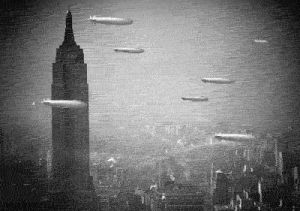 zeppelin,animation,black and white,new york,empire state building
