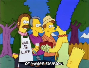 grilling,bart simpson,marge simpson,season 3,smiling,episode 3,talking,ned flanders,outdoors,3x03